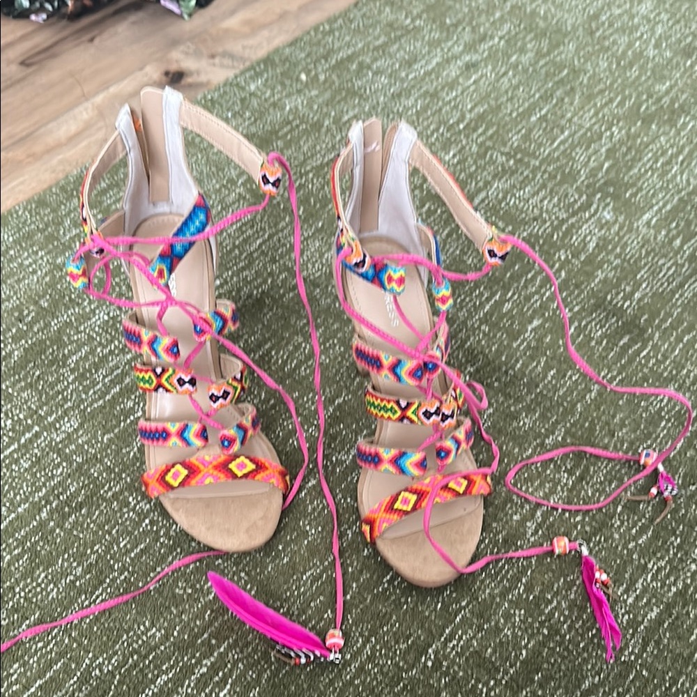 Express Pink and Orange Gladiator Sandals with Tassels